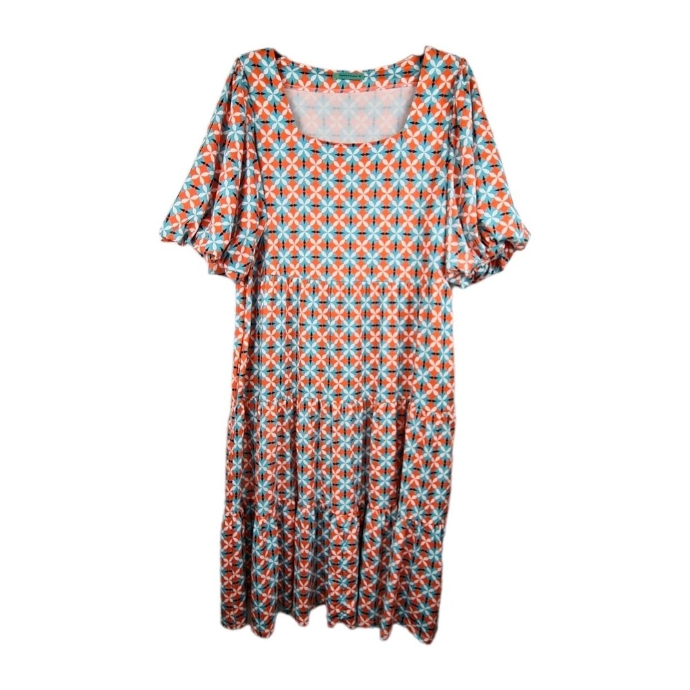 Sunshine & Rodeos Women's Geometric Print Midi Dress Medium Tiered Square‎ Neck